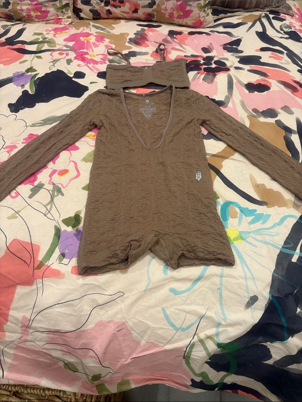 FP Movement Free People Taupe Textured Romper & Bra Set